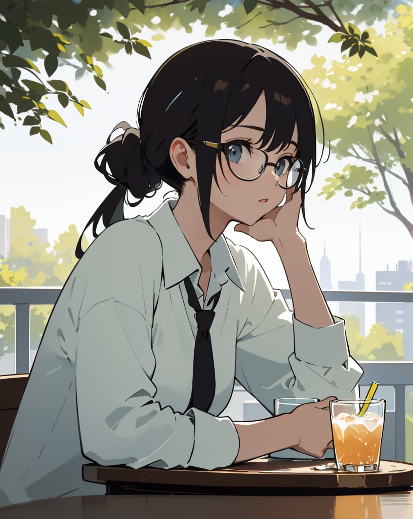 (masterpiece, top quality), high definition, artistic composition, 1 woman, cutter shirt, loose collar, hair tied back, cool glasses, open cafe, drinking water from an ice glass, taking a break, shady tree, urban landscape, summer, portrait, sweating, on table Handkerchief on table, taking a break at work, looking away