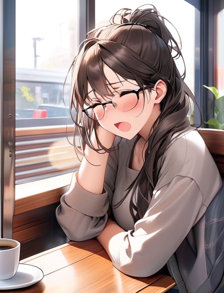 Masterpiece, top quality, 1 girl, big round glasses, dark rimmed glasses, long shaggy hair, hair tied back, coffee shop, sleeping with eyes closed, Japan, sloppy sweats, window seat, high definition, yawning, artistic composition