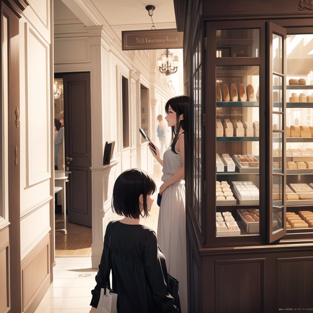 Masterpiece, Top Quality, High Definition, Artistic Composition, Two Girls, French Bakery, Shopping Inside, Old Building, Looking Away, Smiling, Casual Fashion, Bold Composition, High Contrast, Portrait