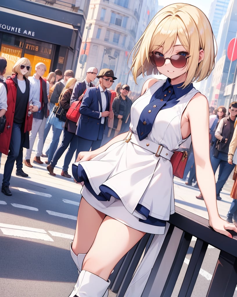 (Masterpiece, Top Quality), High Definition, Artistic Composition, 1 Woman, Sunglasses, Smiling, Blonde Hair, Bob Cut, Navy Blue Sleeveless Shirt, White Miniskirt, Deep Red Over Knee Boots, Urban Paris, Walking, Crowd, Portrait, Looking away, Model Style