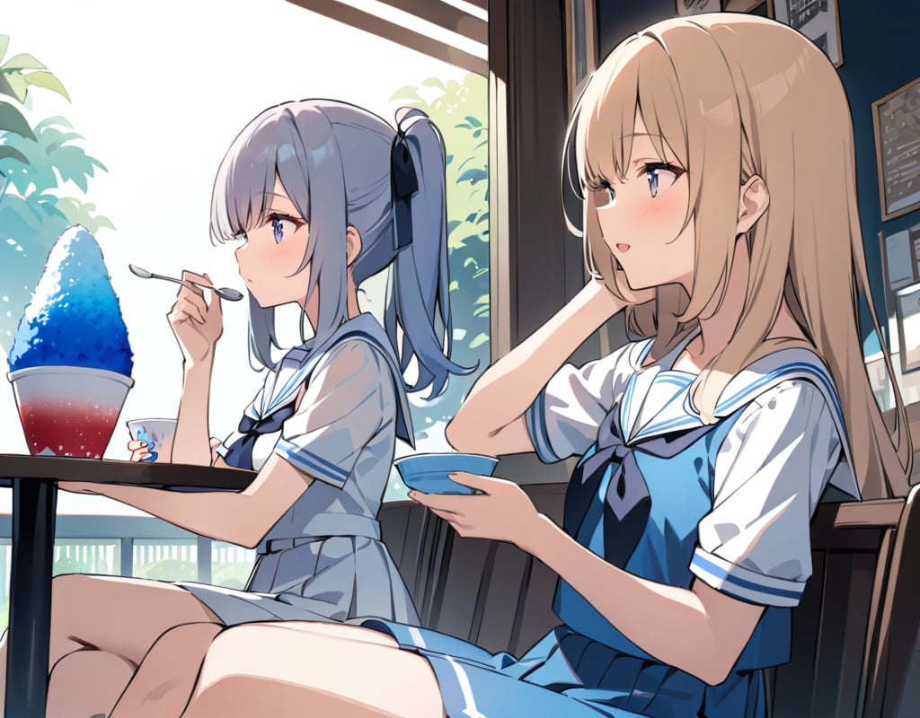 (masterpiece, top quality), high definition, artistic composition, two girls, open cafe, sitting opposite each other, shaved ice, spoon in hand, talking, looking away, sailor suit, school uniform, summer dress, crossing legs, feminine gesture, side view, portrait, summer, hot, excited