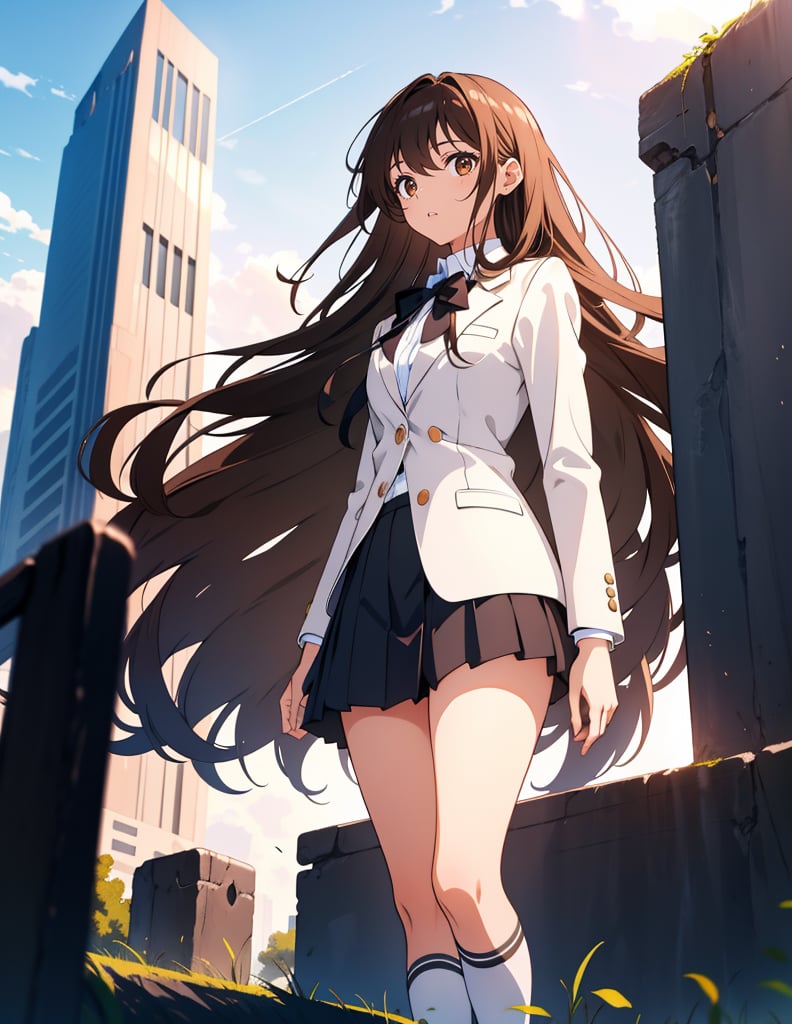 Masterpiece, Top Quality, High Definition, Artistic Composition,1 girl, brown hair, from below, standing on a hill, backlit, striking light, white blazer, school uniform, on her way to school, looking at me, black hair, long hair - standing tall, young lady, black ribbon, portrait, bold composition, Full Length