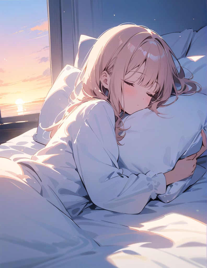 (masterpiece, top quality), high definition, artistic composition, 1 woman, sleeping in bed, white pajamas, holding plush-like pillow, sunrise, pleasant, watercolor style, pastel colors