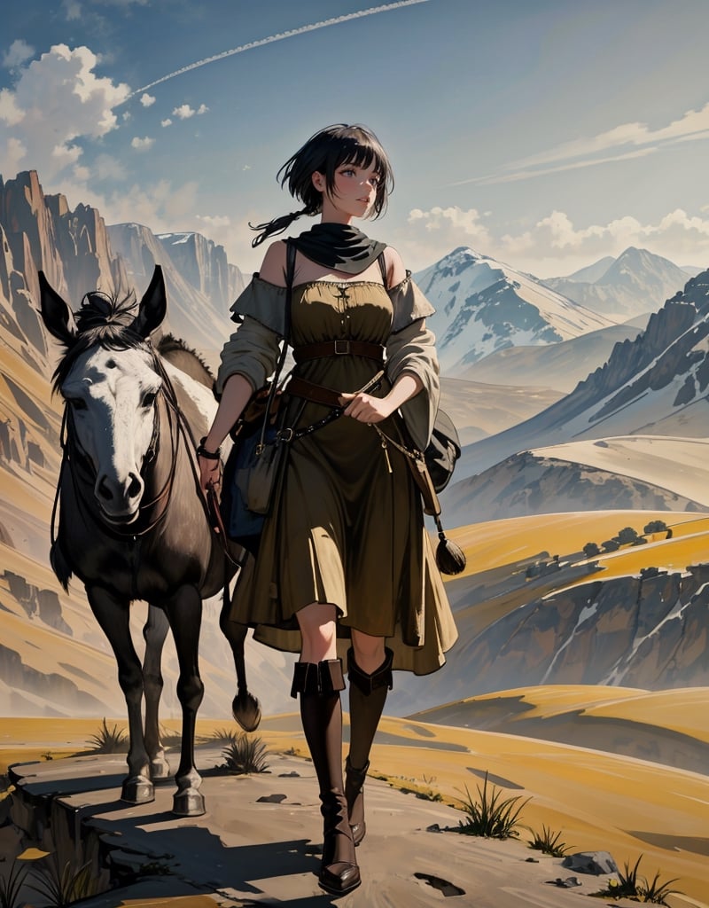 masterpiece, top quality, artistic composition, realistic, 1 girl, short cut, nomadic dress, walking with donkey in tow, caravan, wasteland, valley, fantasy, striking,<lora:659111690174031528:1.0>