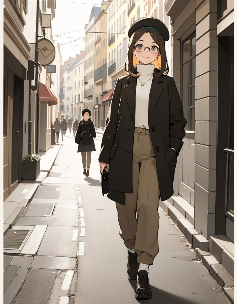 Masterpiece, Top Quality, High Definition, Artistic Composition, One girl, walking down the street, front view, looking away, smiling, round frame glasses, black beret, olive jacket, white knit, brown pants, khaki sneakers, casual, portrait, monotone street scene, French style, Low Saturation.