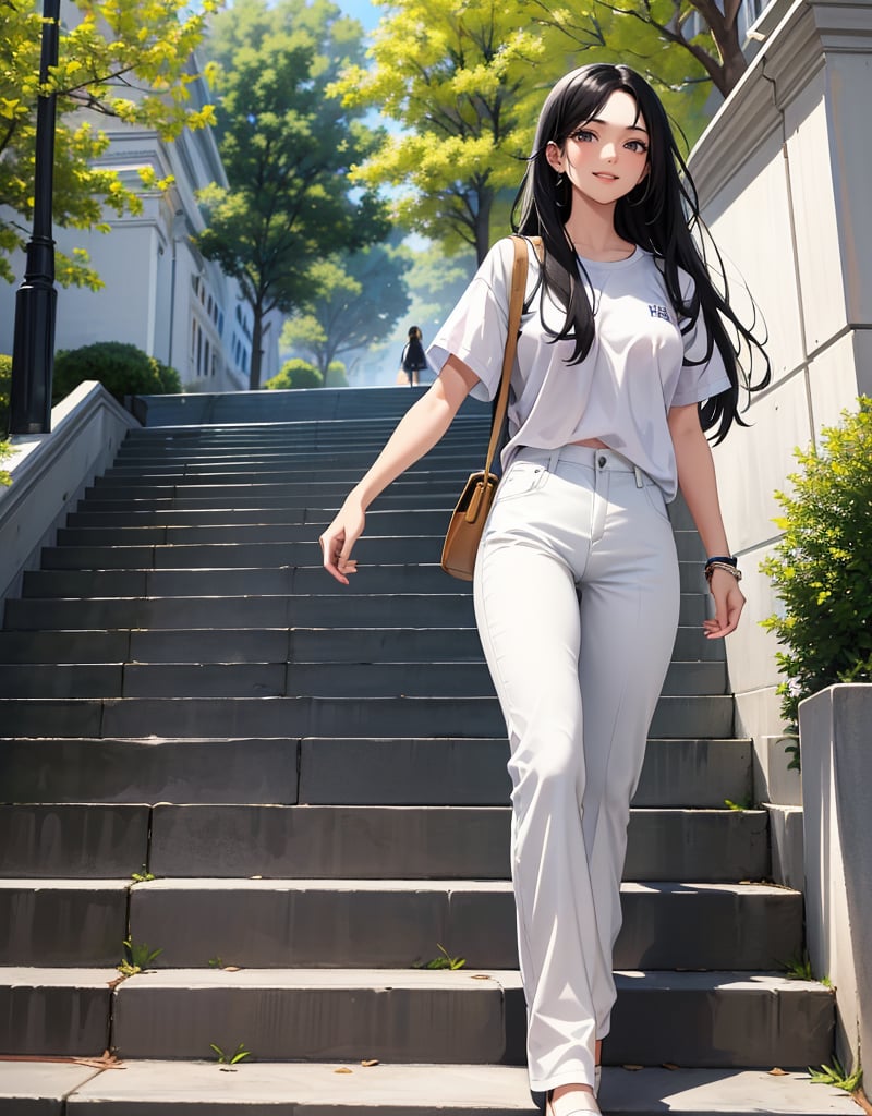 (masterpiece, top quality), high definition, artistic composition, 1 woman, college student, long black hair, college campus, college campus, white shirt, beige pants, descending stairs, talking, looking away, smiling, second bag, papers under arm, bright sunlight, large steps, outdoors, street trees, Stylish, large gestures