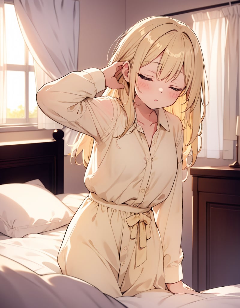 Masterpiece, Top Quality, High Definition, Artistic Composition, One Girl, Cream Yellow Cotton Shirt, On Bed, Getting Up, Eyes Closed, Missing, Girlish Gesture, Backlight, Bedroom, Morning, Curtains, Impressive Light, Sleeping, Sleepy, Portrait, Low Contrast