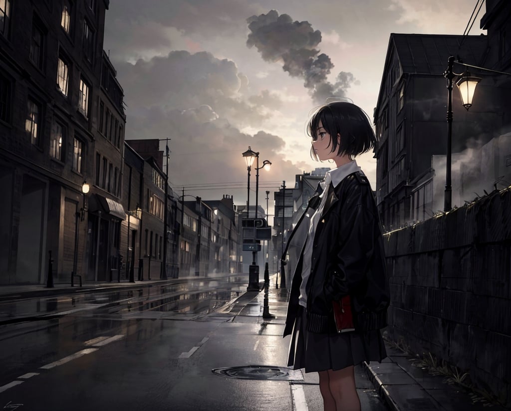 Masterpiece, Top Quality, High Definition, Artistic Composition, 1 girl, blank expression, white shirt, black skirt, 1960s London streets, short hair, poor clothing, gray sky, big factory, lots of chimneys, lots of smoke coming from big chimney, melancholy, dark, wide shot, portrait, slum, black fog, 13-year-old girl, looking away, yellow street lamp