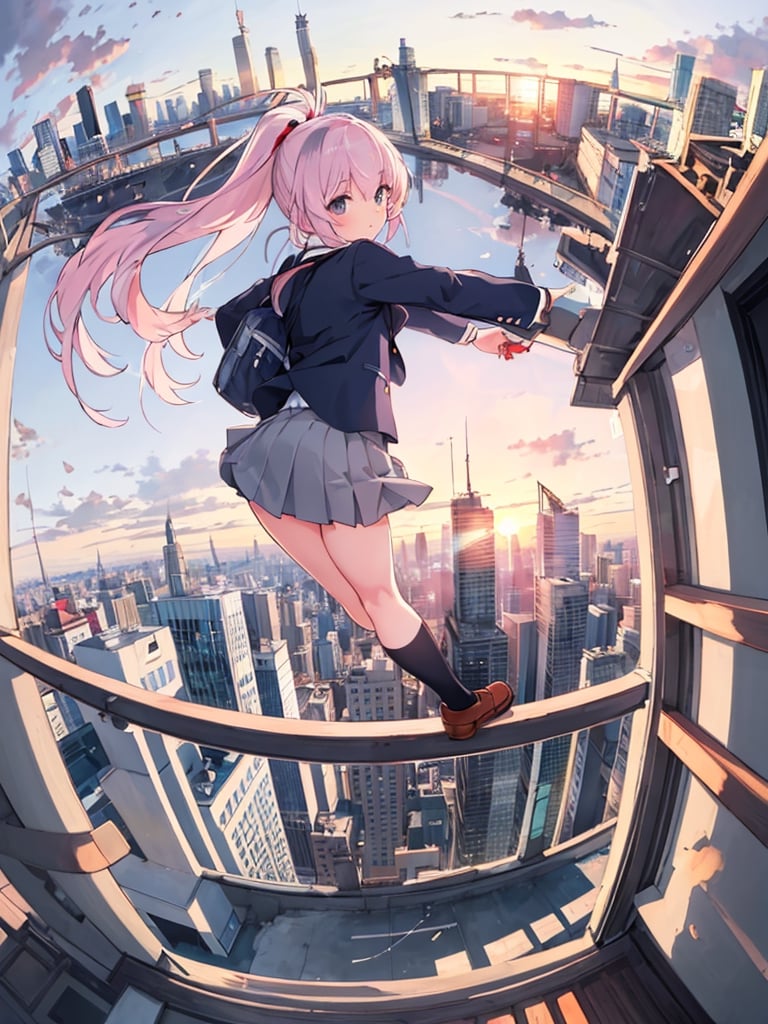 Masterpiece, top quality, 1 girl, jumping, beautiful background, cityscape, building rooftop, blazer, uniform, school uniform, legs bent, ponytail, sports bag, fish-eye lens, high definition, artistic composition, fantasy, sunset, perspective,best quality