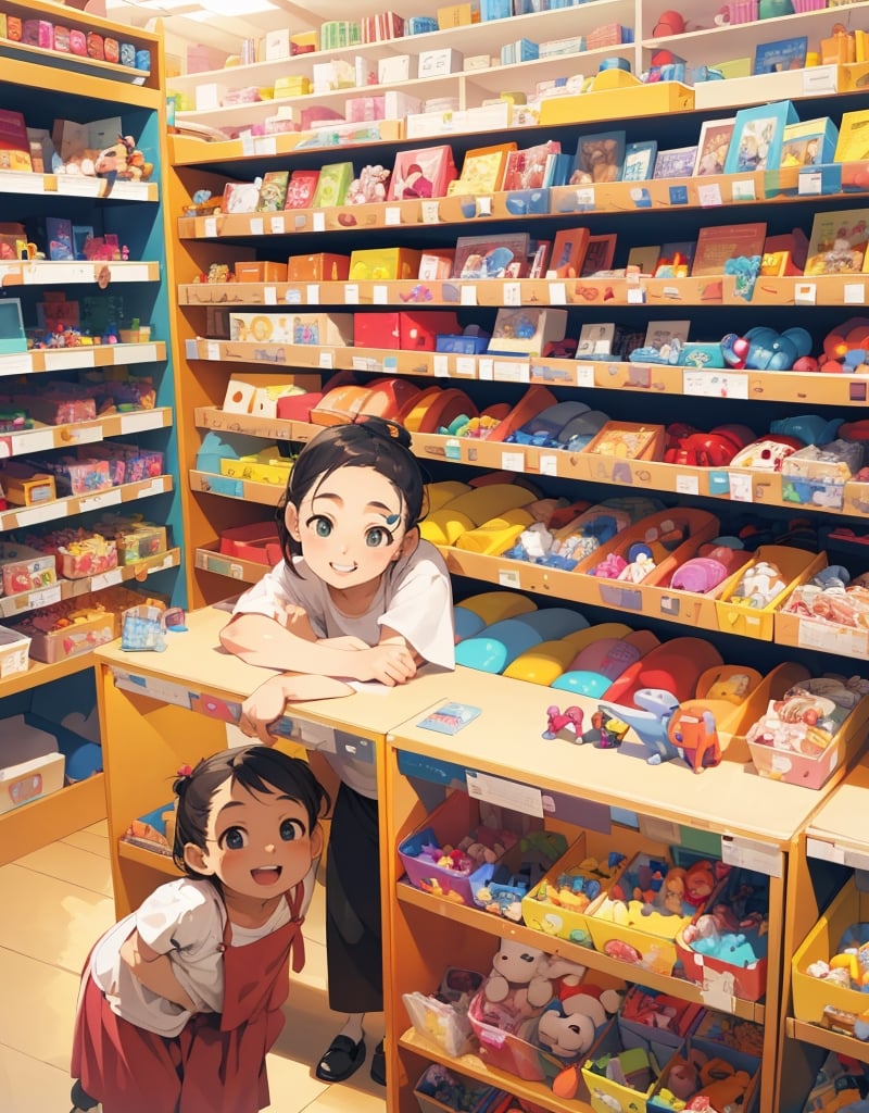  Masterpiece, top quality, high definition, artistic composition, 1 woman, smiling, smiling with mouth open, toy store, leaning forward, peeking, shelves lined with toys, hands forward, childish adult, happy, Japan, wide angle, side view, looking away