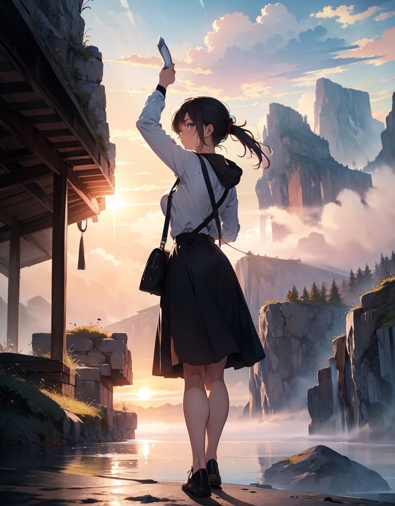 Masterpiece, top quality, high definition, artistic composition, animation, one woman, starting out on a journey, map in hand, majestic nature, beautiful sunrise, morning mist, brave, motivated, bold composition, traveling outfit, back view, long road ahead