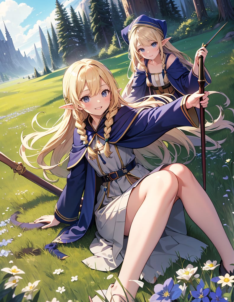 Masterpiece, Top quality, High definition, Artistic composition, One girl, Elf wizard, Navy blue robe, Khaki skirt, Magic wand made of wood, Long blonde hair, Hair in braids, Smiling, Posing, Meadow, Cheerful, Sharp eyes, Fantasy