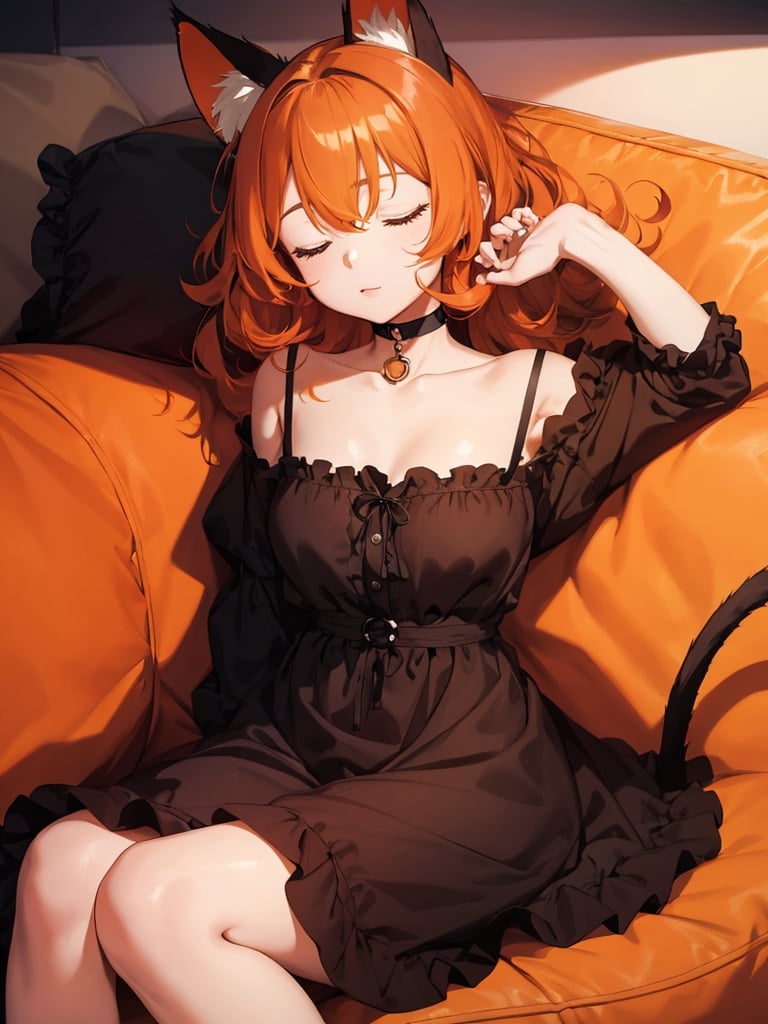 masterpiece, top quality, 1 girl, orange hair, frizzy hair, big eyes, cat ears and tail, black and orange dress, sleeping curled up, sleeping on couch, high definition, choker