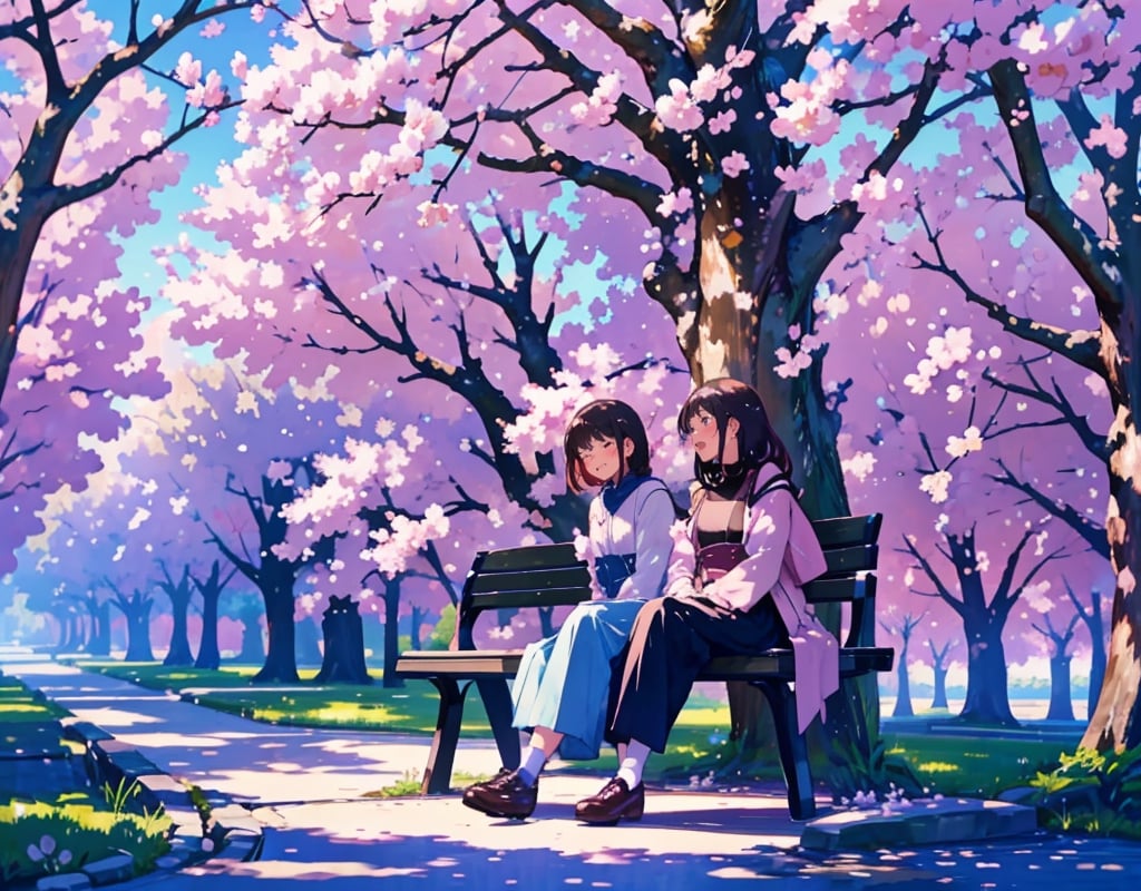  Masterpiece, top quality, high quality, artistic composition, two women, sitting side by side on bench, laughing, angry, having conversation, spring coordination, cherry blossom trees, cherry blossoms in full bloom, petals dancing, wide shot,<lora:659111690174031528:1.0>