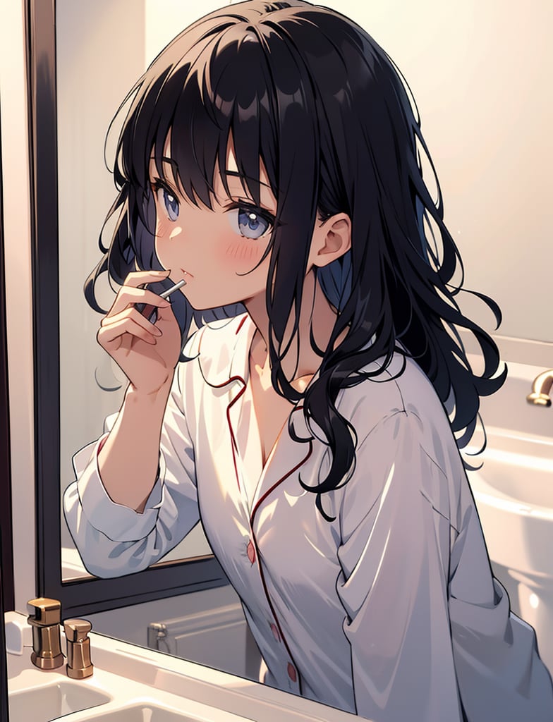 (masterpiece, top quality), high definition, artistic composition, 1 girl, pajamas, brushing teeth at sink, looking up, fringe bothering her, hand touching fringe, looking at self in mirror, shaggy hair, wavy hair, morning, portrait, black hair, noh, relaxed Looking away, looking away