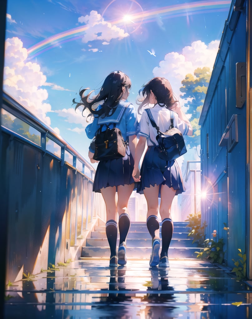 Masterpiece, Top Quality, High Definition, Artistic Composition, 2 Girls, Walking, High School, Uniform, Summer Uniform, School Walk, Stairs, Sideways Composition, Talking, Looking Away, Large Hand Waving, Student Bag, Blue Sky, After Rain, Big Rainbow, Beautiful Light, Dramatic