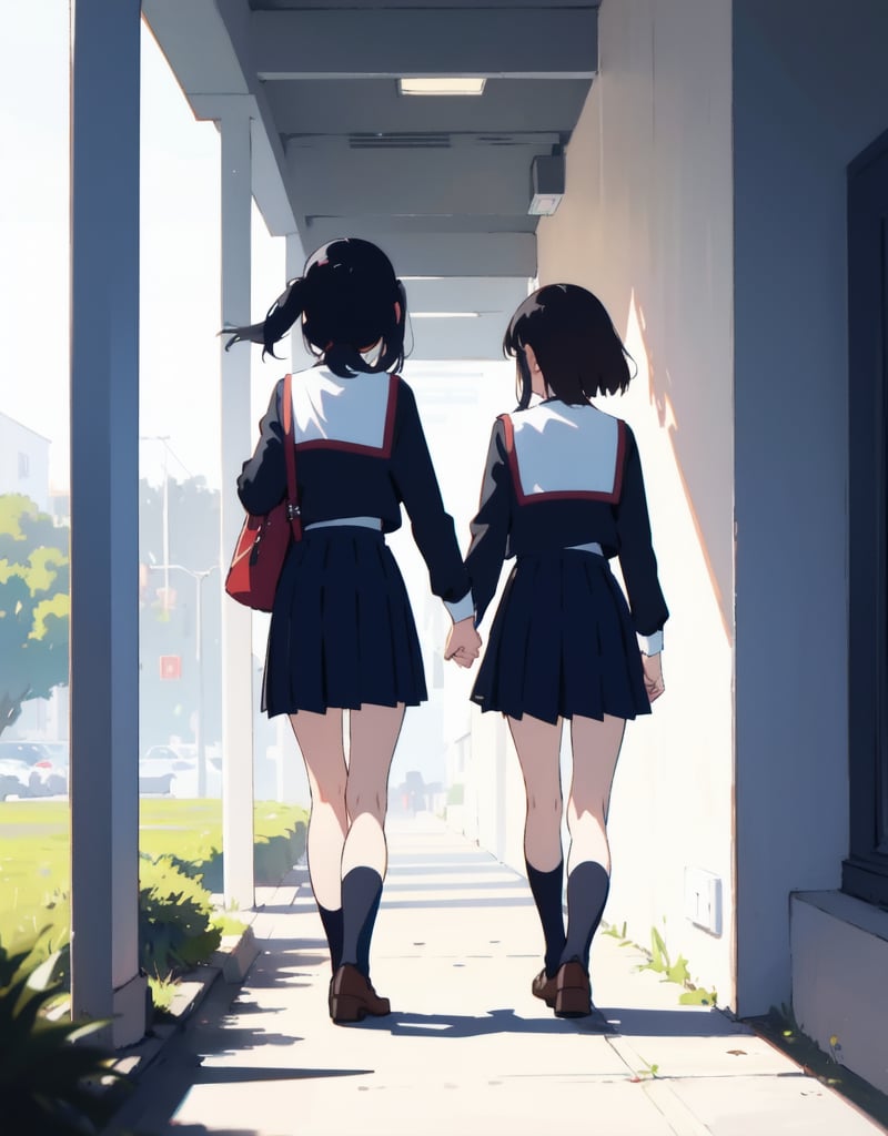 (Masterpiece, Top Quality), High Definition, Artistic Composition, 2 Girls, 10 and 17 Years Old, Sisters, School Walk, School Uniform, Walking, Talking, Holding Hands, Looking Away, Portrait, Morning