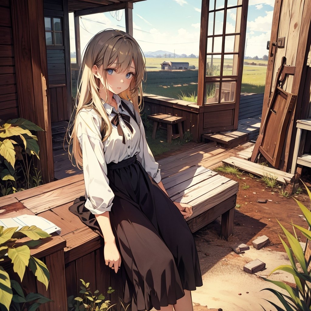 Masterpiece, top quality, high definition, artistic composition, 1 girl, country girl, small house on prairie, western home, front porch, sitting girl, battered and decayed humanoid robot, retro-future


