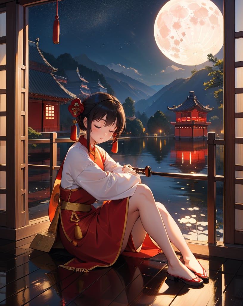 (masterpiece, top quality), high definition, artistic composition, 1 girl, Chinese traditional clothes, (playing Chinese folk instrument), eyes closed, calm face, relaxed, Chinese wooden architecture, sitting by window, night, full moon reflected on water, wooden floor