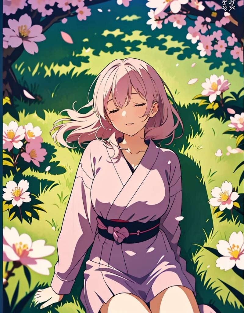  Masterpiece, best quality, high quality, artistic composition, one woman, anime, overhead shot, sleeping with eyes closed, resting, leaning back, mature, 18 years old, smile, casual fashion, Japan, high definition, cherry blossom frame, portrait, wide shot, full body, grass,<lora:659111690174031528:1.0>