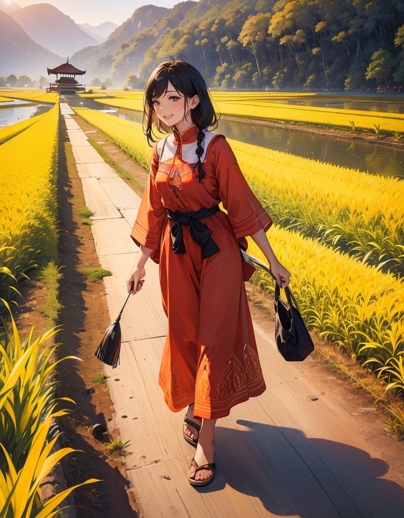 Masterpiece, top quality, high definition, artistic composition, 1 girl, cotton clothing, Southeast Asia, ethnic fashion in spicy colors, tanned skin, smiling, walking, footpath, rice field, looking away, rural landscape, portrait, cow, bold composition