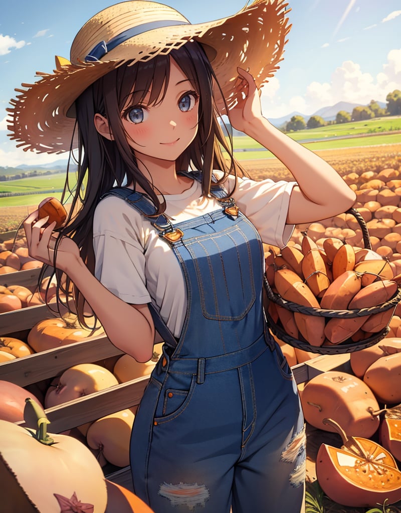 (masterpiece, top quality), high definition, artistic composition, 1 girl, smiling, harvesting sweet potatoes, denim overalls, beige innerwear, straw hat, sweet potato field, blue sky, nature, from below, sweet potato and vine in hand