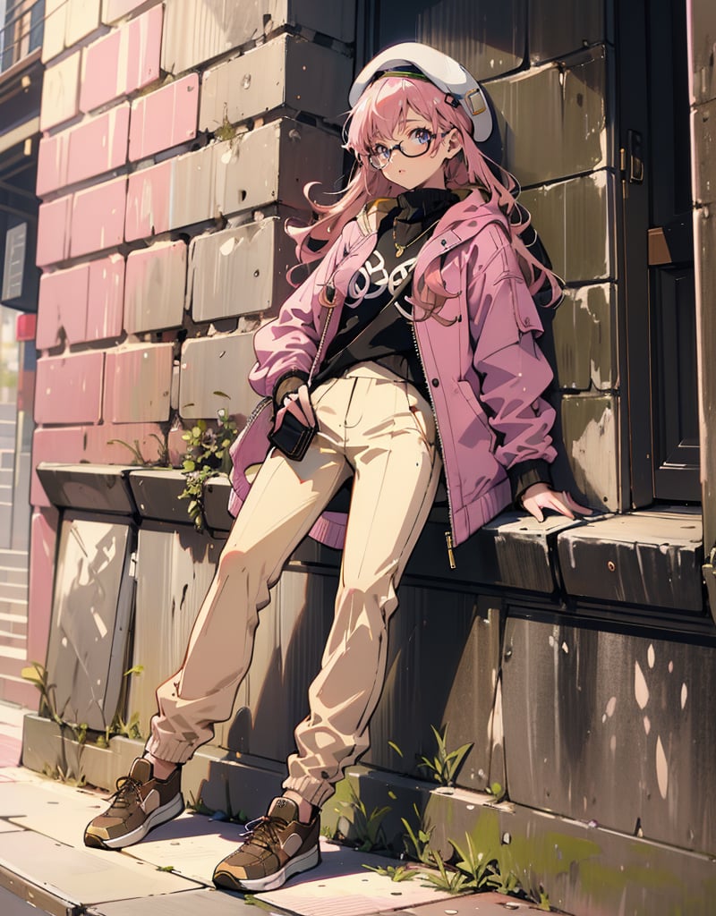 Masterpiece, Top Quality, High Definition, Artistic Composition, One girl, leaning against a wall, waiting for someone, looking away, looking down, smirking, round frame glasses, pink beret, olive jacket, white knit, brown pants, khaki sneakers, casual, portrait, monotone cityscape, French style, low saturation