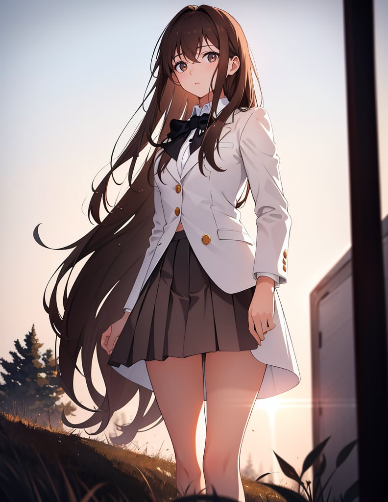 Masterpiece, Top Quality, High Definition, Artistic Composition,1 girl, brown hair, from below, standing on a hill, backlit, striking light, white blazer, school uniform, on her way to school, looking at me, black hair, long hair - standing tall, young lady, black ribbon, portrait, bold composition, Full Length