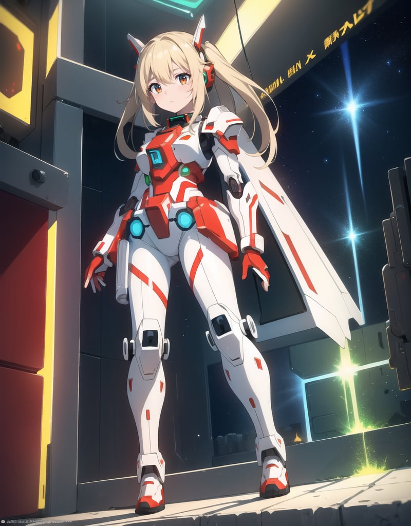 (masterpiece, top quality), high definition, artistic composition, 1 girl, anime, android style battle suit, white and red armor, green luminescence on body, holding future heavy weapons with both hands, futuristic, sci-fi, action pose, Turning sideways, spaceship dog, holographic monitor
