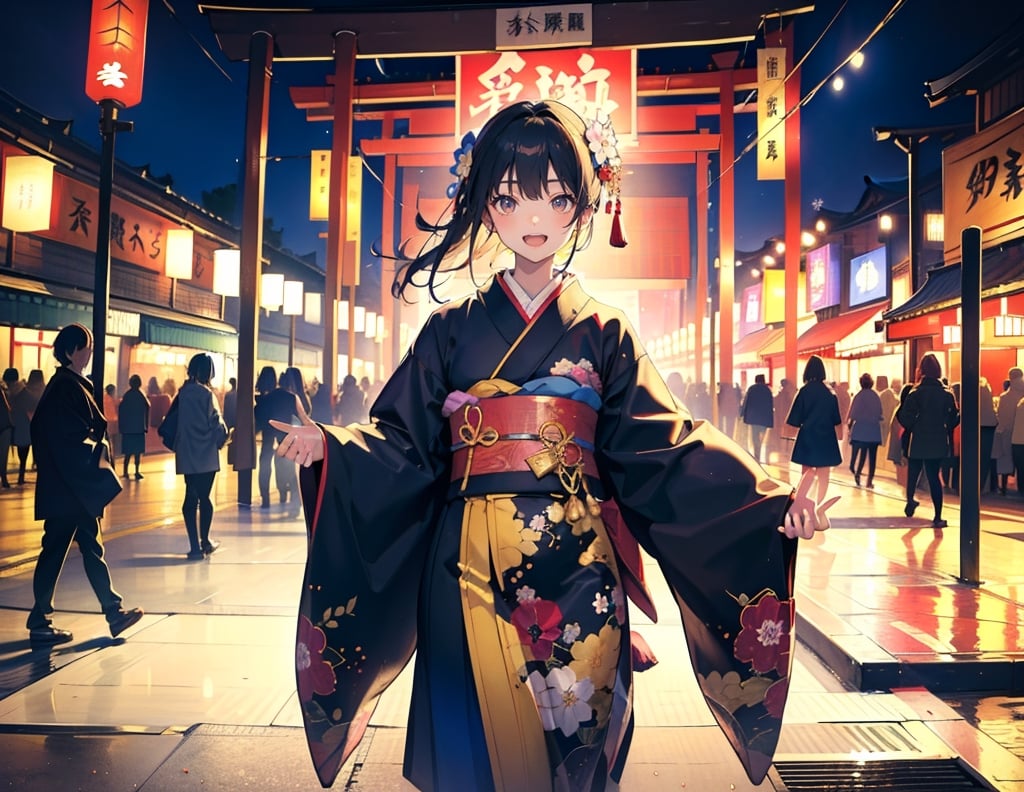 Masterpiece, Top Quality, High Definition, Artistic Composition, Several Girls, Kimono, Japanese Clothing, Walking and Talking, Smiling, Girlish Gestures, Looking Away, People in Ethnic Clothing, Crowd, Festival, Western Style, Portrait, Fun, Bold Composition