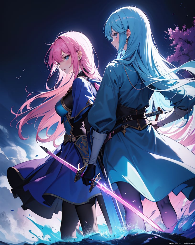 (masterpiece, top quality), high definition, artistic composition, two girls, blue swordsman and pink wizard, stand back to back, hero costume, battlefield, cartoon, holding sword and stick, looking away, tired smile, dirt on clothes, backlit, dramatic, pinch, high contrast, bold composition, from the side, powerful, struggling