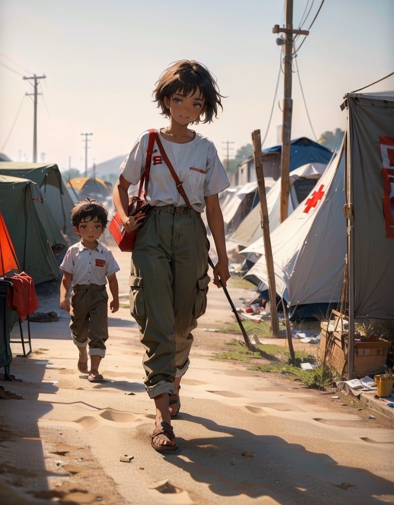 Masterpiece, top quality, high definition, artistic composition, 1 woman, red cross, medical staff, shirt, olive pants, busy working, displaced persons camp, short hair, tan, dramatic, film style, wide shot, dusty, hot sun, smiling, stooping, children running around, realistic,girl