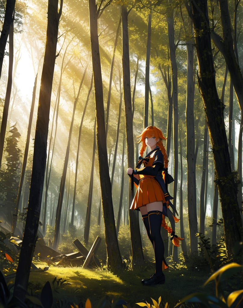 (masterpiece, top quality), high definition, artistic composition, 1 woman, yellow sailor-like battle dress, warrior, holding large stylish bow, woods, striking light, sunlight filtering through trees, high contrast, bold composition, orange hair, long braids, fantasy, stalking prey, ruins, black stockings