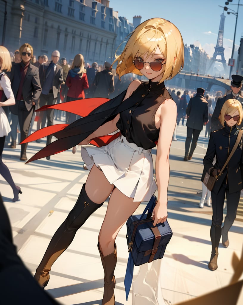 (Masterpiece, Top Quality), High Definition, Artistic Composition, 1 Woman, Sunglasses, Smiling, Blonde Hair, Bob Cut, Navy Blue Sleeveless Shirt, White Miniskirt, Deep Red Over Knee Boots, Urban Paris, Walking, Crowd, Portrait, Looking away, Model Style