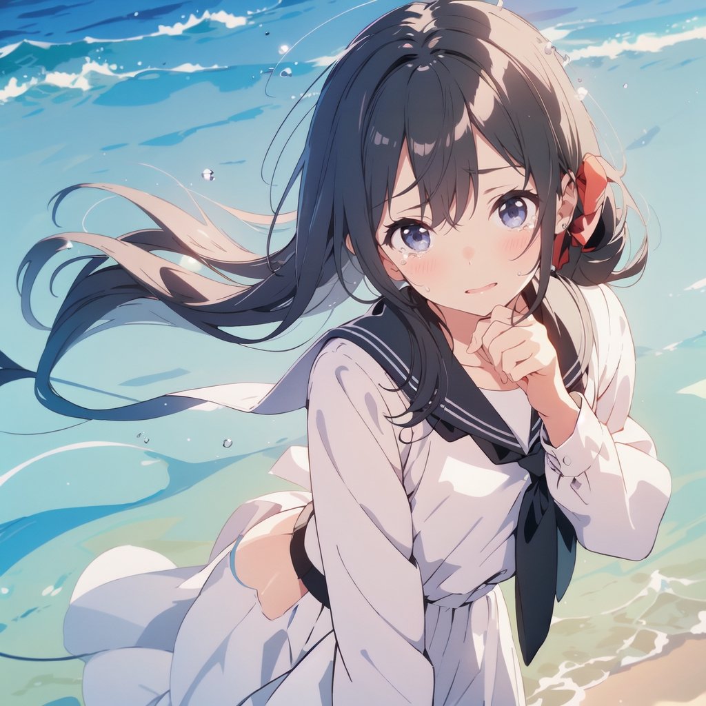 Masterpiece, Top Quality, One Woman, Shrugging, Flat chest, Happy, Blushing, Fidgeting, Hands crossed in front of body, Looking down, Black hair, Busy hair, White sailor suit, Summer dress, School uniform, Top composition, Face close-up, High definition, Japan, Schoolbag, Head being patted, Black pantyhose, Tears in eyes