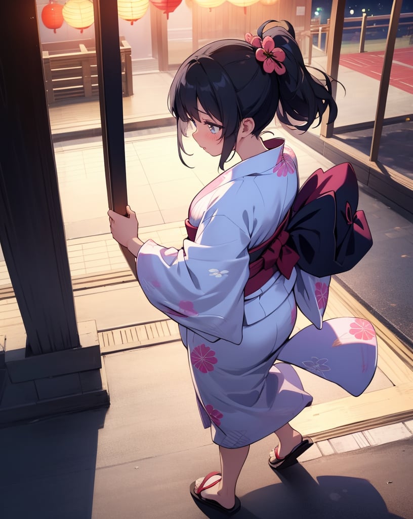 (Masterpiece, Top Quality), High Definition, Artistic Composition, 1 female, Embarrassed, Girlish Gesture, Walking, From Above, From Side, Looking Away, Blushing, Inverted Ponytail, Yukata, Walking, Night, Festival, Dark, Talking, Head Up, Kanzashi, Black Hair