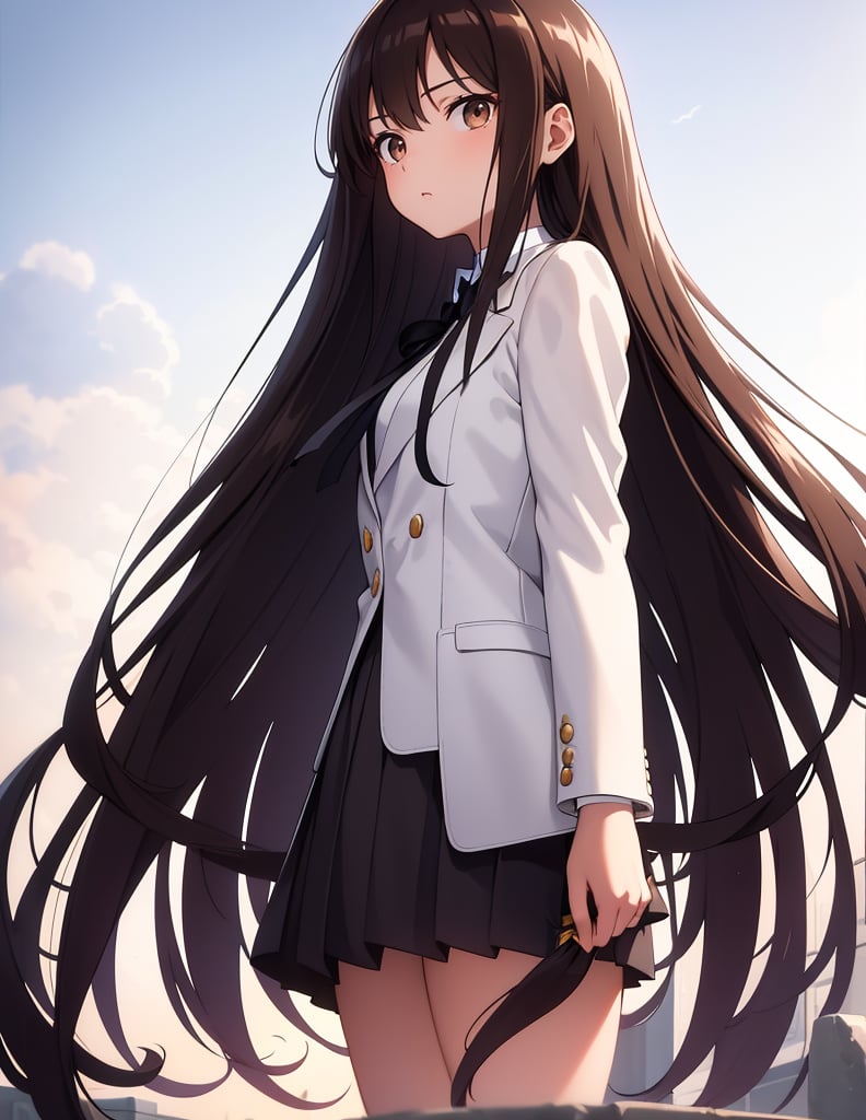 Masterpiece, Top Quality, High Definition, Artistic Composition,1 girl, brown hair, from below, standing on a hill, backlit, striking light, white blazer, school uniform, on her way to school, looking at me, black hair, long hair - standing tall, young lady, black ribbon, portrait, bold composition, Full Length