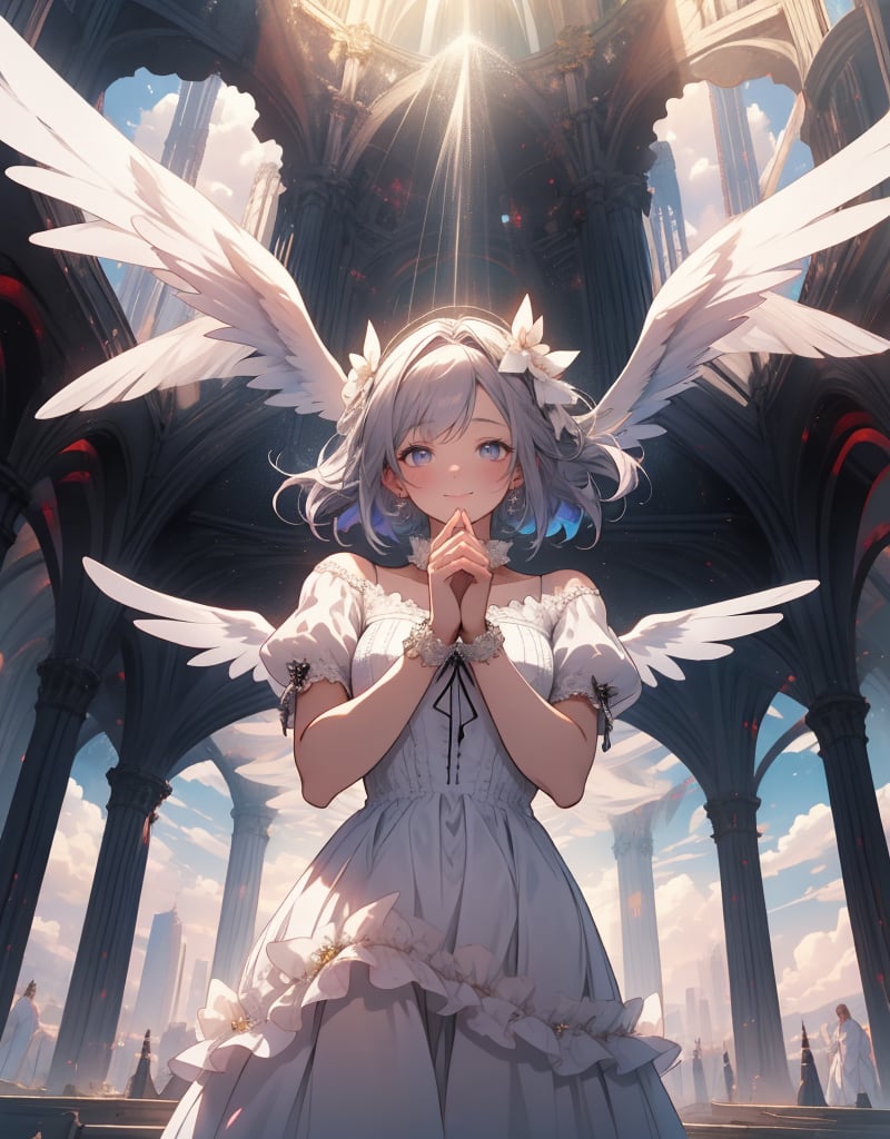 (masterpiece, top quality), high definition, artistic composition, 1 girl, rainbow image, spectrum, warm light, white dress, gentle smile, girlish gesture, frolicking, angel wings, dazzling, heaven, girl in seven colors, looking up to heaven, from below, fluttering, divine