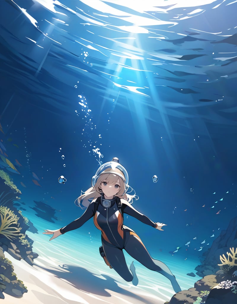 (masterpiece, top quality), high definition, artistic composition, 1 girl, retro diving suit, large glass helmet, underwater, exploring, beautiful seascape, striking light, underwater exploration