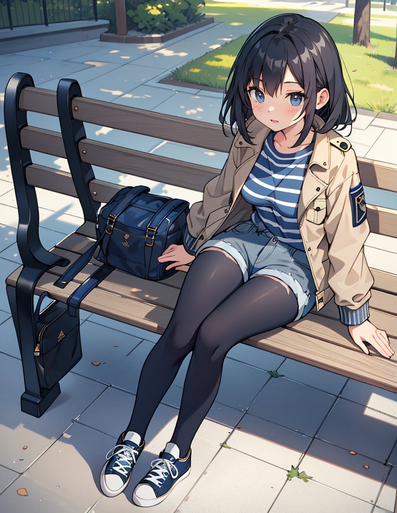 Masterpiece, Top quality, High definition, Artistic composition, One girl, khaki jacket, navy blue and white striped trainers, jean shorts, gray tights, black sneakers, from above, close-up of face, proud face, sitting, park bench, bold composition