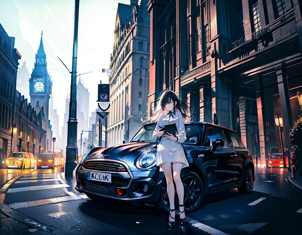 (masterpiece, top quality), high definition, artistic composition, 1 woman, smirking, driving, steering wheel, looking away, England, City of London, BMC Mini, lively, fast, bold composition