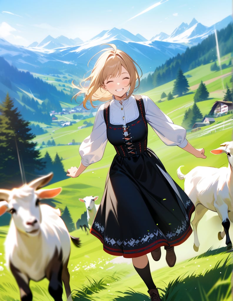 Masterpiece, Top quality, High definition, Artistic composition,1 girl, Swiss mountain pasture, Swiss national dress, Tracht, Appenzell, smiling, running with goats, beautiful nature, mountain slope, energetic, lively, motion blur, bold composition, striking light