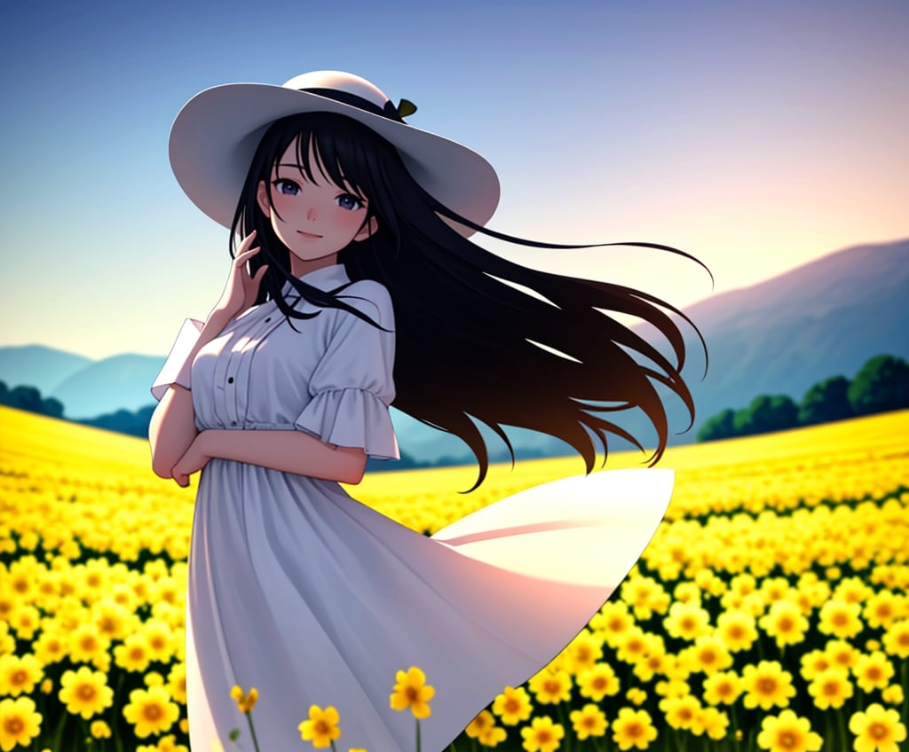 (masterpiece, top quality), 1 girl, high definition, artistic composition, portrait, field of rape blossoms, woman in white dress, wide-brimmed hat, hands clasped behind body, open-mouthed smile, spinning, posing, looking at you, wide shot, bending forward, mature, dusk, striking sky,<lora:659111690174031528:1.0>