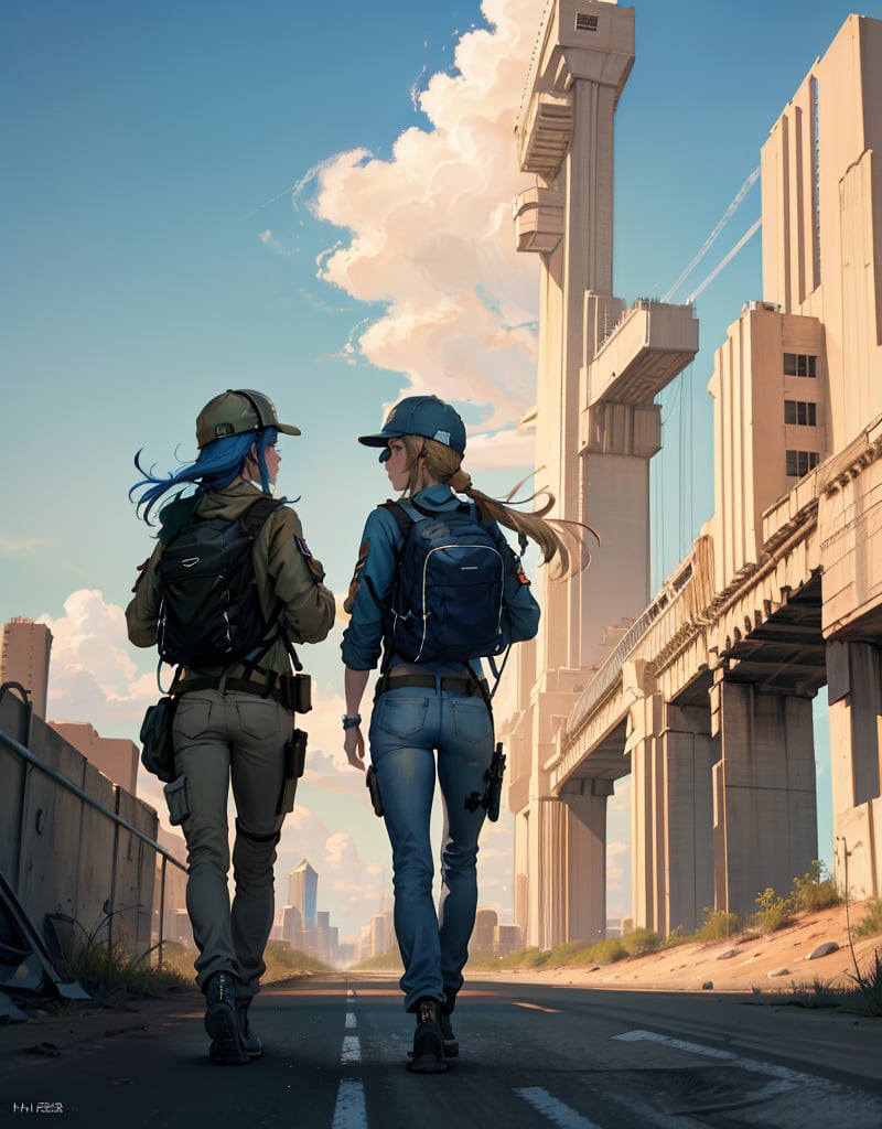 (masterpiece, top quality), high definition, artistic composition, 1 woman, Florida, straight freeway, walking, shimmering, hot, blue sky, perspective, backpacker, khaki cap, wasteland, from behind