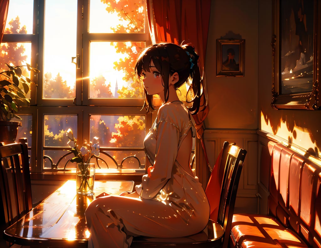 Masterpiece, Top quality, High definition, Artistic composition, 1 girl, sitting, smiling, looking at picture on table, looking away, dining room, loungewear, window, table, from side, backlight, striking light, relaxing