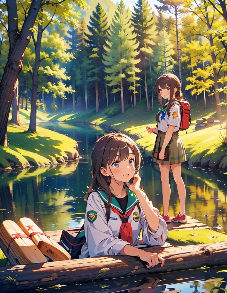 Masterpiece, Top Quality, High Definition, Artistic Composition, Several Girls, Girl Scouts, Camping, Lake, Smiling, Looking Away, Talking, Holding Firewood