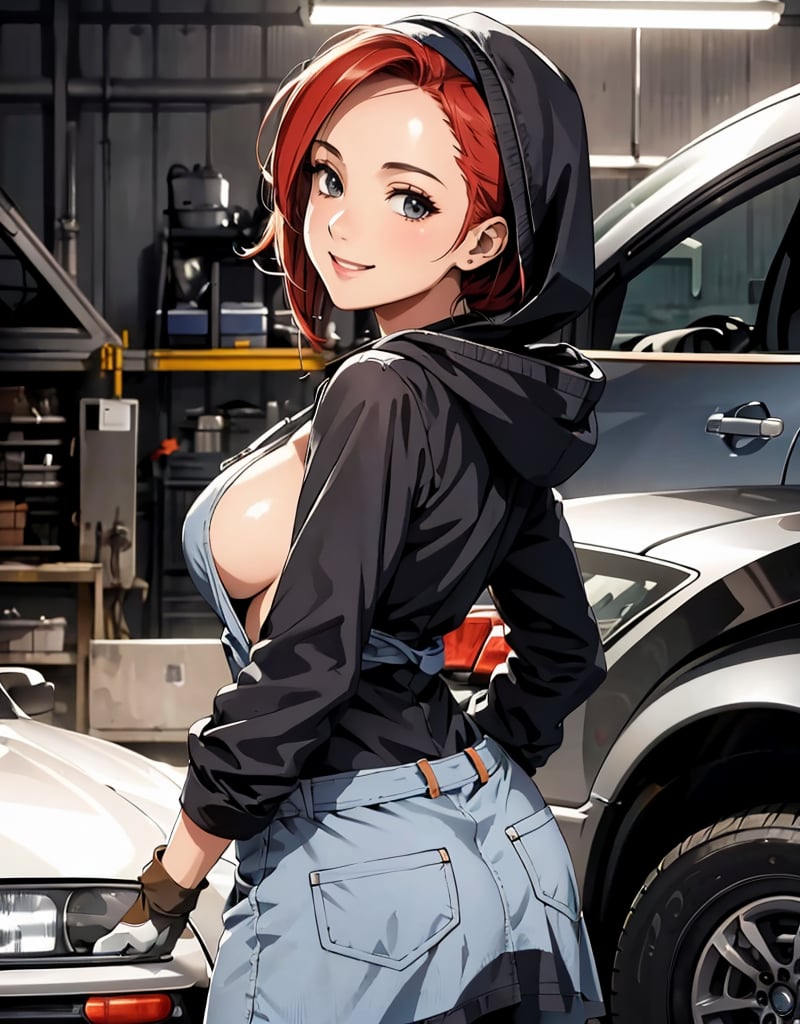 (masterpiece, top quality), high definition, artistic composition, 1 woman, dirty work clothes, gloves, holding wrench, working on car, mechanic, smiling, hood of car open, back, looking back at me, wiping forehead with back of hand, auto body shop