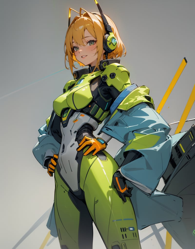 Masterpiece, Top Quality, High Definition, Artistic Composition, 1 girl, standing, one hand on hip, model pose, smiling, blue science fiction movie pilot suit, blue base color, yellow-green assorted colors, orange accent color, all gray background, Japanese anime style, headset with blade antennae, android-like armored parts,