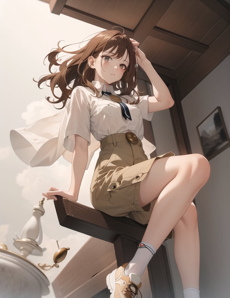 (masterpiece, top quality), high definition, artistic composition, 1 woman, khaki shorts, vermilion sneakers, white socks, beige cotton shirt, floating in air, from below, hands and feet spread, sepia background, large pocket watch image in background, bold composition, Dutch angle, Fantasy, chestnut hair, short wavy hair, cheerful