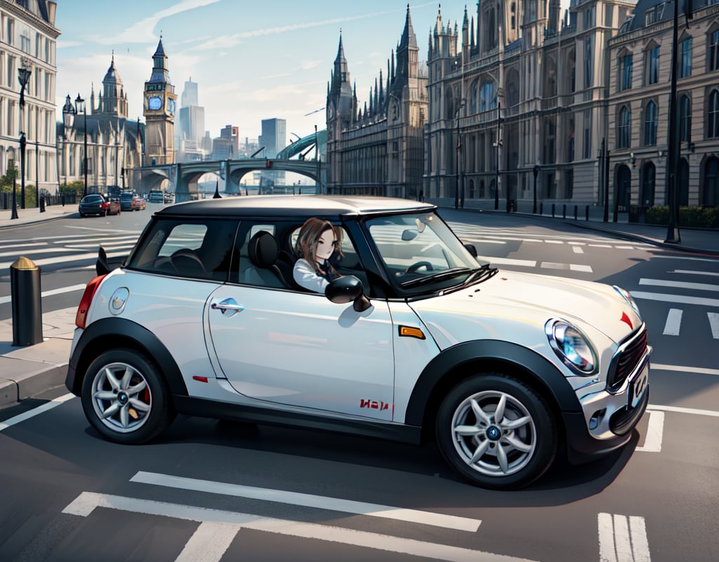 (masterpiece, top quality), high definition, artistic composition, 1 woman, smirking, driving, steering wheel, looking away, England, City of London, BMC Mini, lively, fast, bold composition